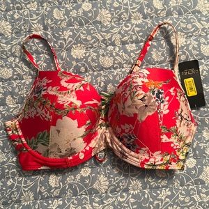 New NWOT Rachel Roy red Floral print Bikini Swim Top Sz XL